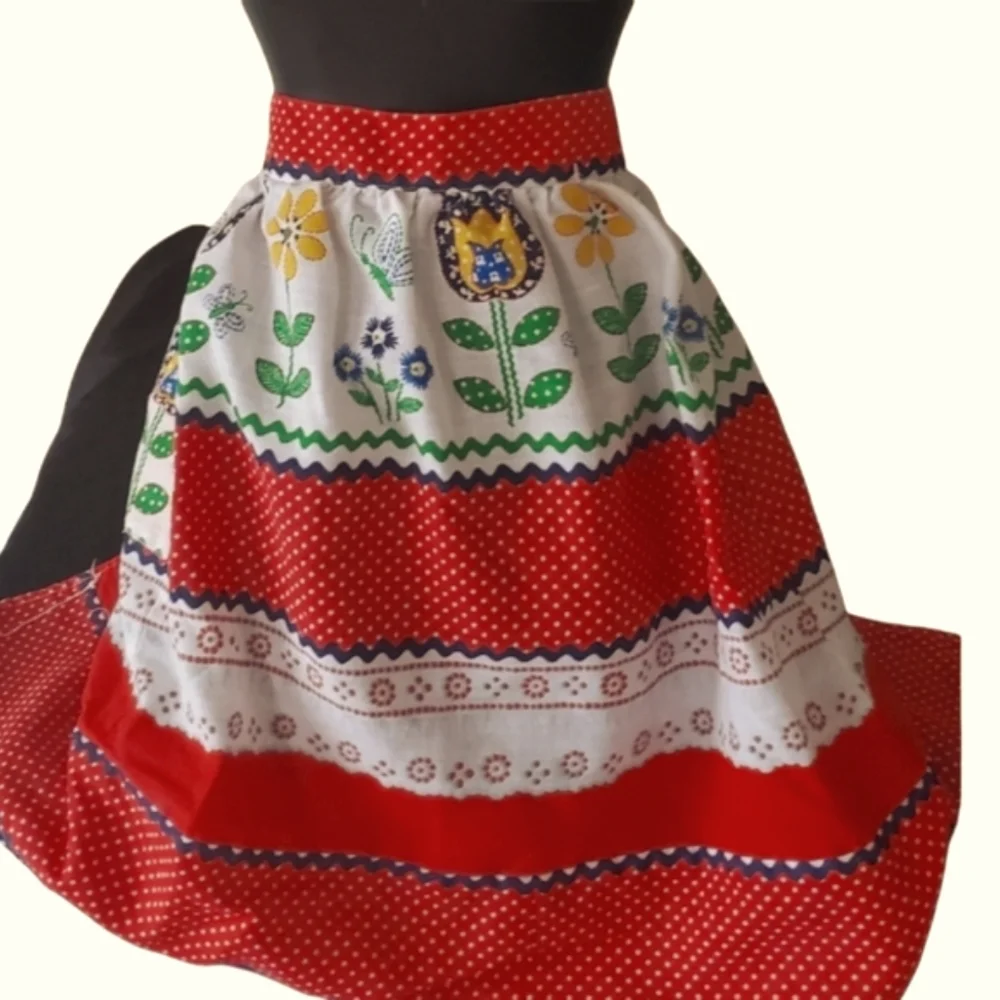 Red Skirt Apron Red with White Polka-Dots - Yellow & Blue Spring Flowers
